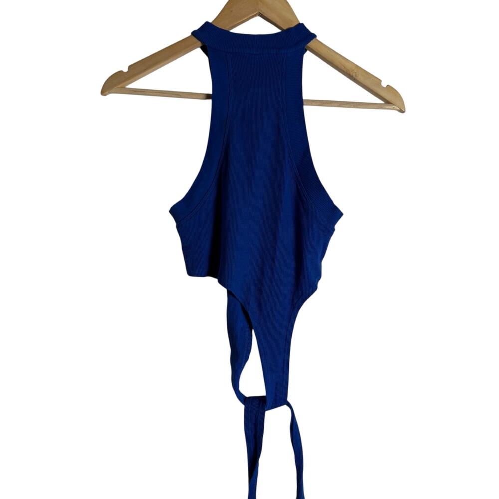 K.ngsley Bright Blue Race Her Ribbed Asymmetrical Cropped Halter Tank Top Small - Picture 10 of 10